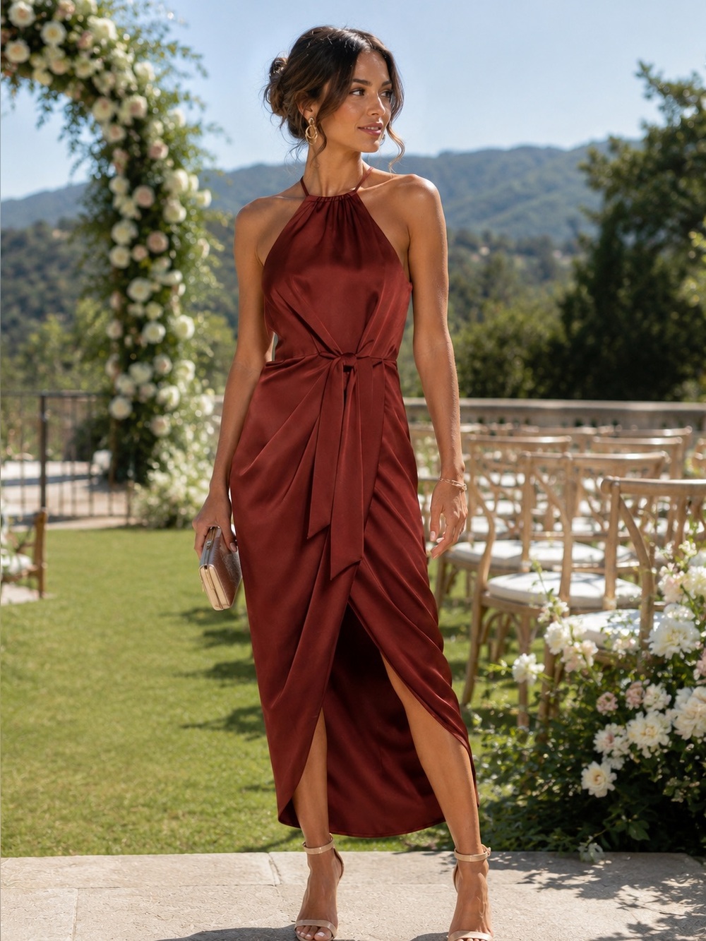 NEW Shona Joy Luxe Tie Front Sleeveless Midi Sangria Halter Dress Midi Size 12